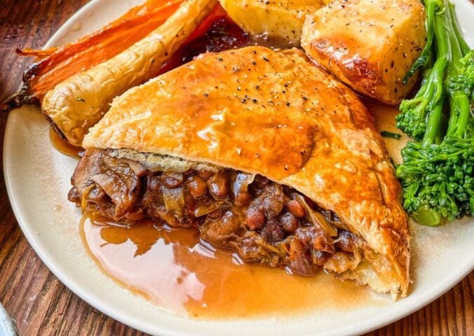 A vegan chestnut, mushroom, and red wine pithivier