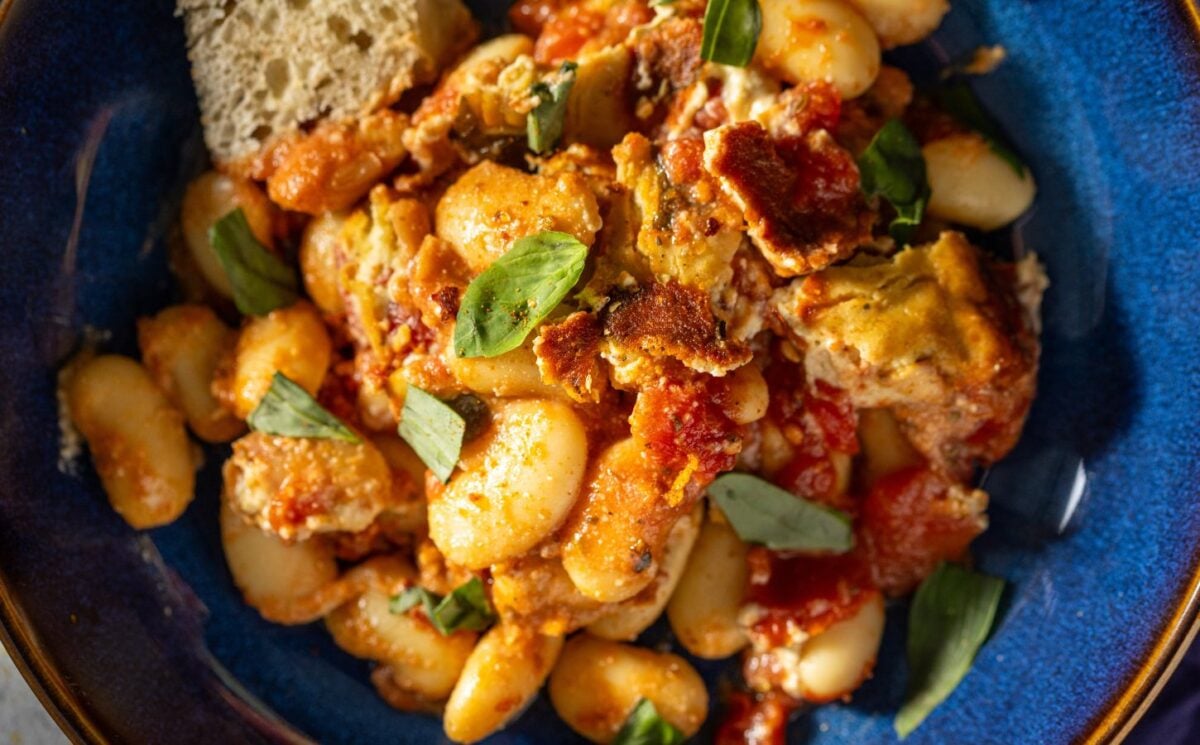 A high protein vegan bean bake on a blue plate