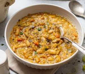 a bowl of vegan cannellini vegetable soup