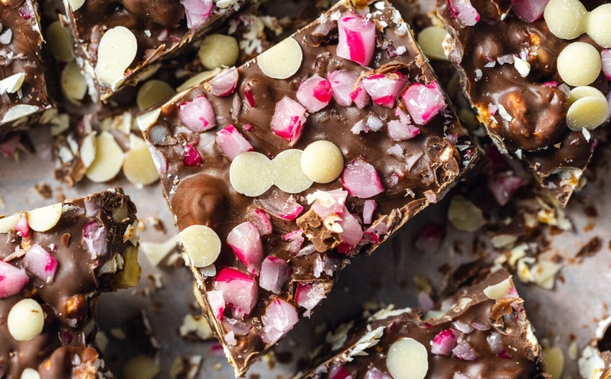 a tray of Christmas popcorn bark made with all vegan ingredients