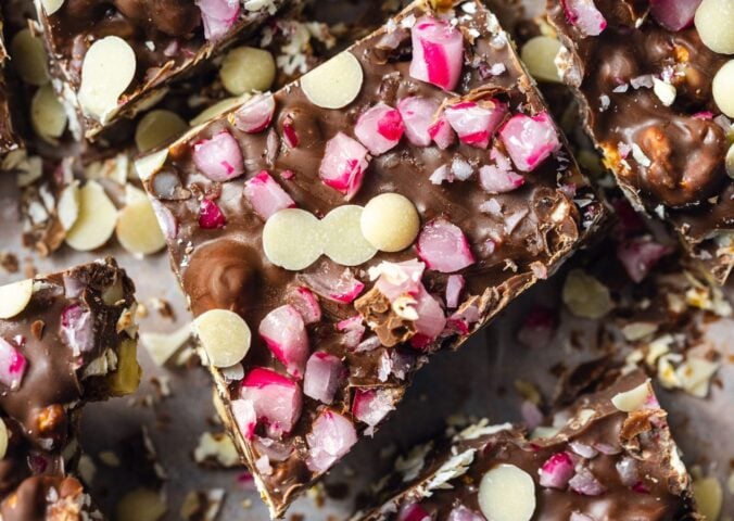 a tray of Christmas popcorn bark made with all vegan ingredients