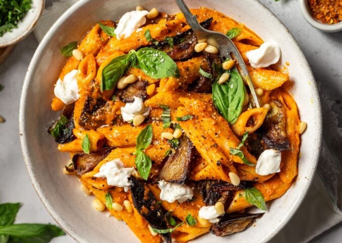 A bowl of vegan nduja pasta