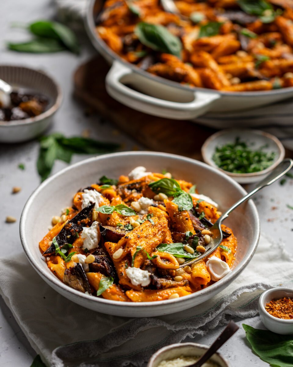 A bowl of vegan nduja pasta