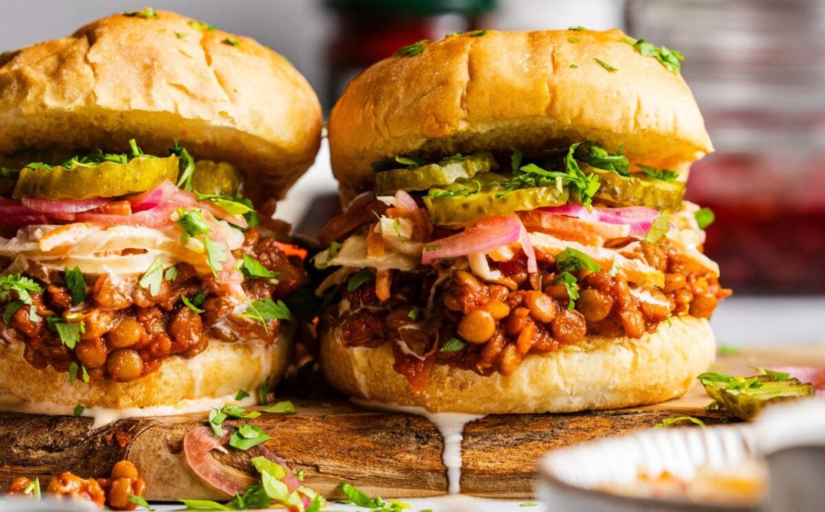 Two vegan Sloppy Joes made with lentils