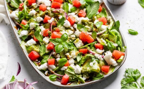 a vegan watermelon and feta salad made with cucumber and rocket