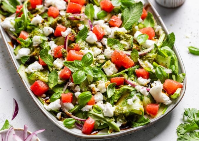 a vegan watermelon and feta salad made with cucumber and rocket