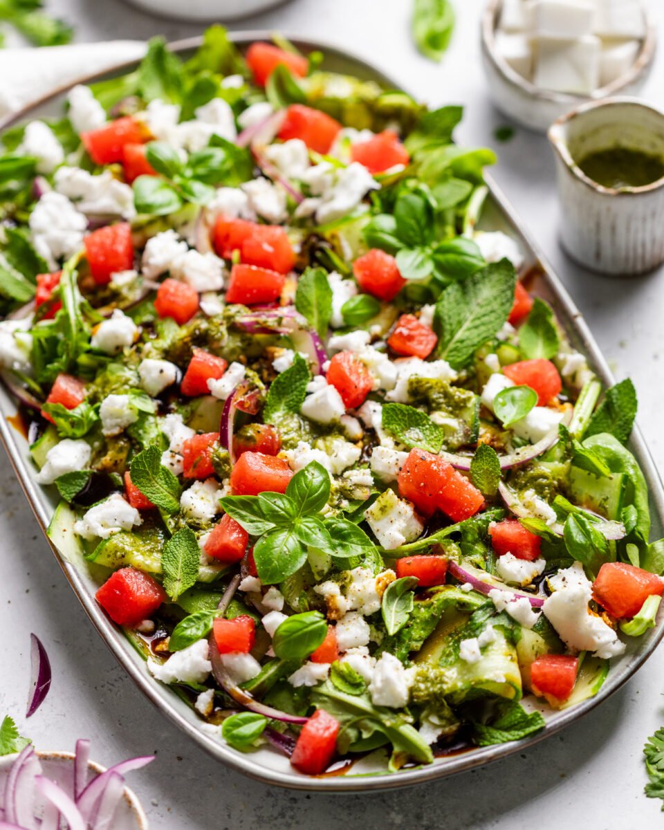 a vegan watermelon and feta salad made with cucumber and rocket