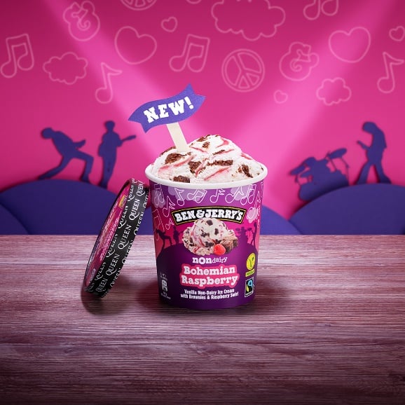 Photo shows the latest vegan Ben & Jerry's flavor, Bohemian Raspberry