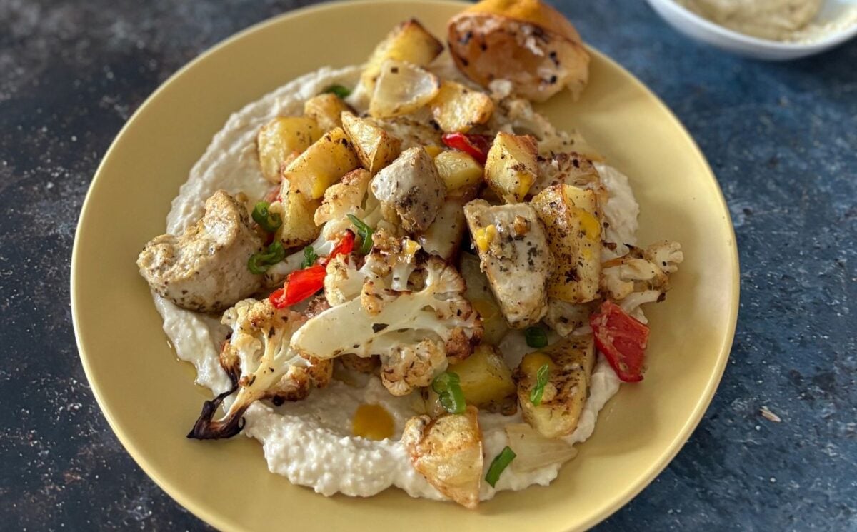 A potato and cauliflower tray bake, an easy Veganuary tray bake