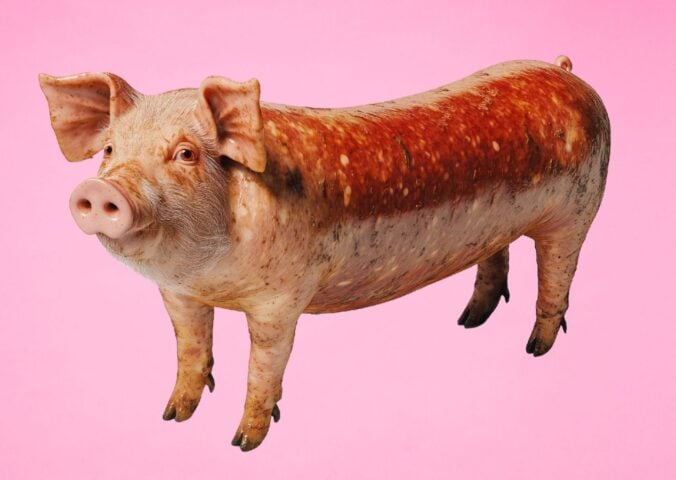 An AI-genertated image of a pigs head coming out of a sausage, which is part of Veganuary's 2025 "weird" campaign