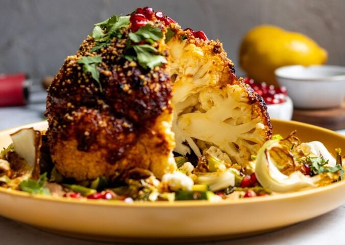 A vegan whole roasted cauliflower on a yellow plate