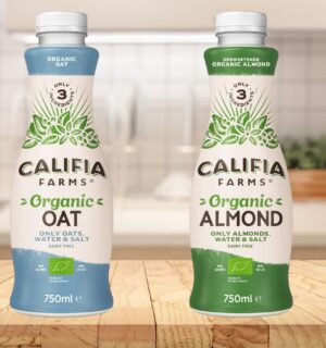 Two flavors of Califia farms three ingredient plant-based milk, which has just launched in the UK