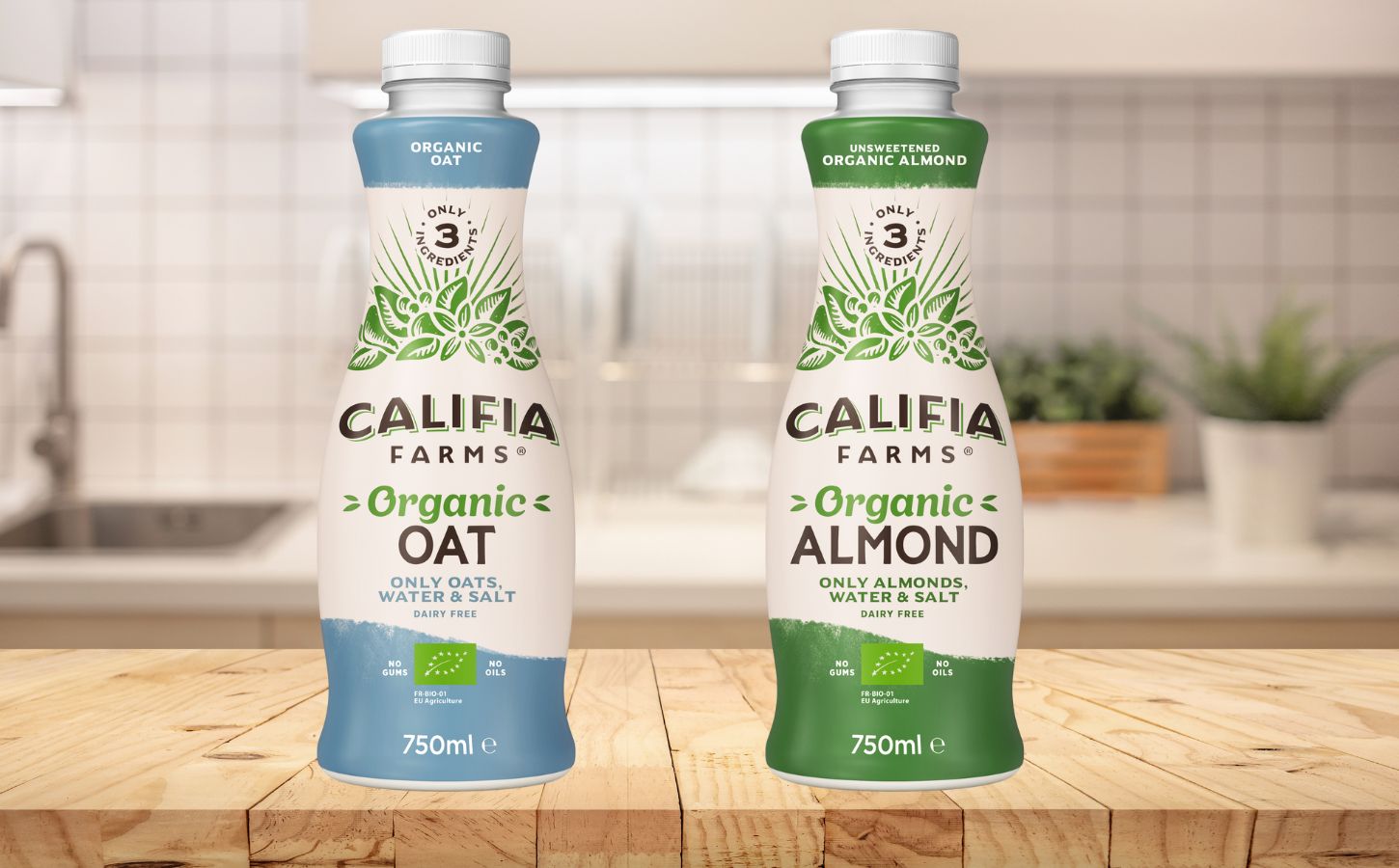 Two flavors of Califia farms three ingredient plant-based milk, which has just launched in the UK