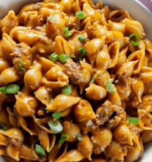 a bowl of cheezy hamburger shells a vegan version of hamburger helper