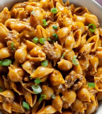 a bowl of cheezy hamburger shells a vegan version of hamburger helper