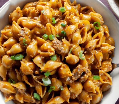 a bowl of cheezy hamburger shells a vegan version of hamburger helper