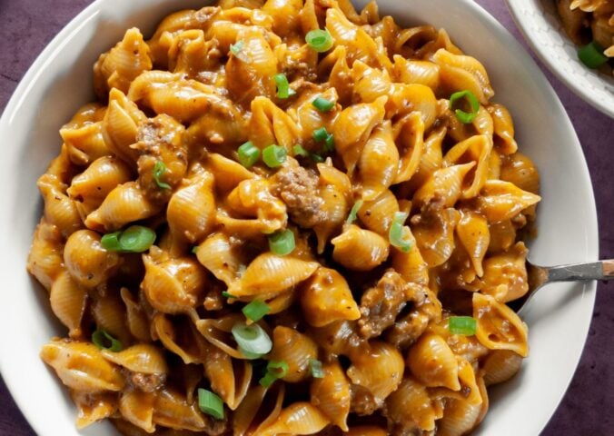 a bowl of cheezy hamburger shells a vegan version of hamburger helper