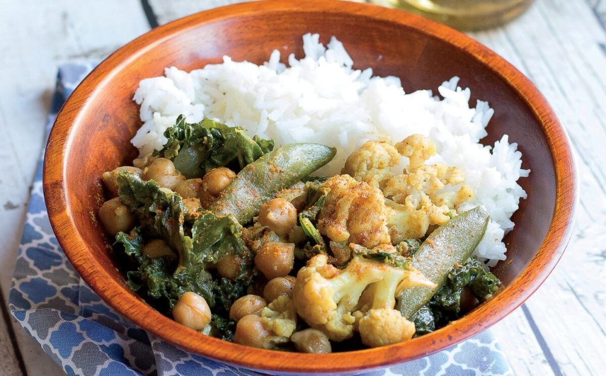 A bowl filled with vegan chickpea coconut curry