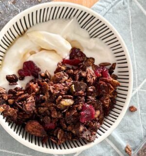 A bowl of vegan chocolate granola with dairy-free yogurt