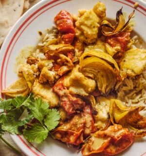 a bowl of creamy roasted tomatoey tofu curry with coriander