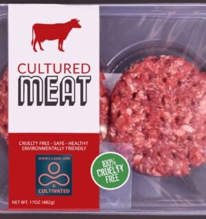 A packet of cultivated meat carrying the new "C-label"