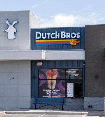 Photo shows the front of a Dutch Bros coffee shop in the US