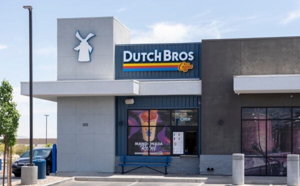 Photo shows the front of a Dutch Bros coffee shop in the US