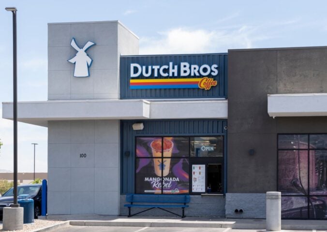 Photo shows the front of a Dutch Bros coffee shop in the US