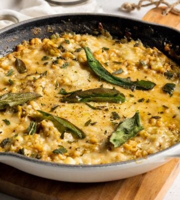 A skillet full of cheesy beans, an easy one-pot vegan recipe