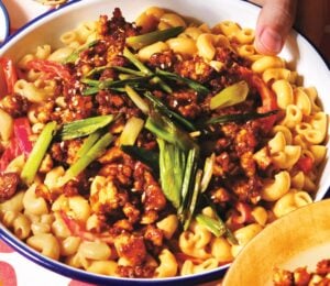 A large bowl of gochujang mac and cheese