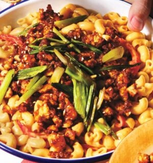 A large bowl of gochujang mac and cheese