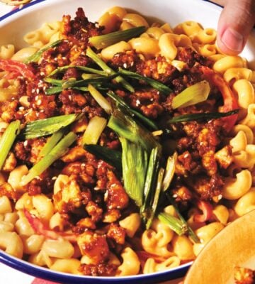 A large bowl of gochujang mac and cheese