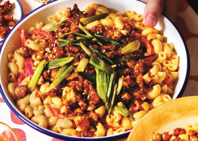 A large bowl of gochujang mac and cheese