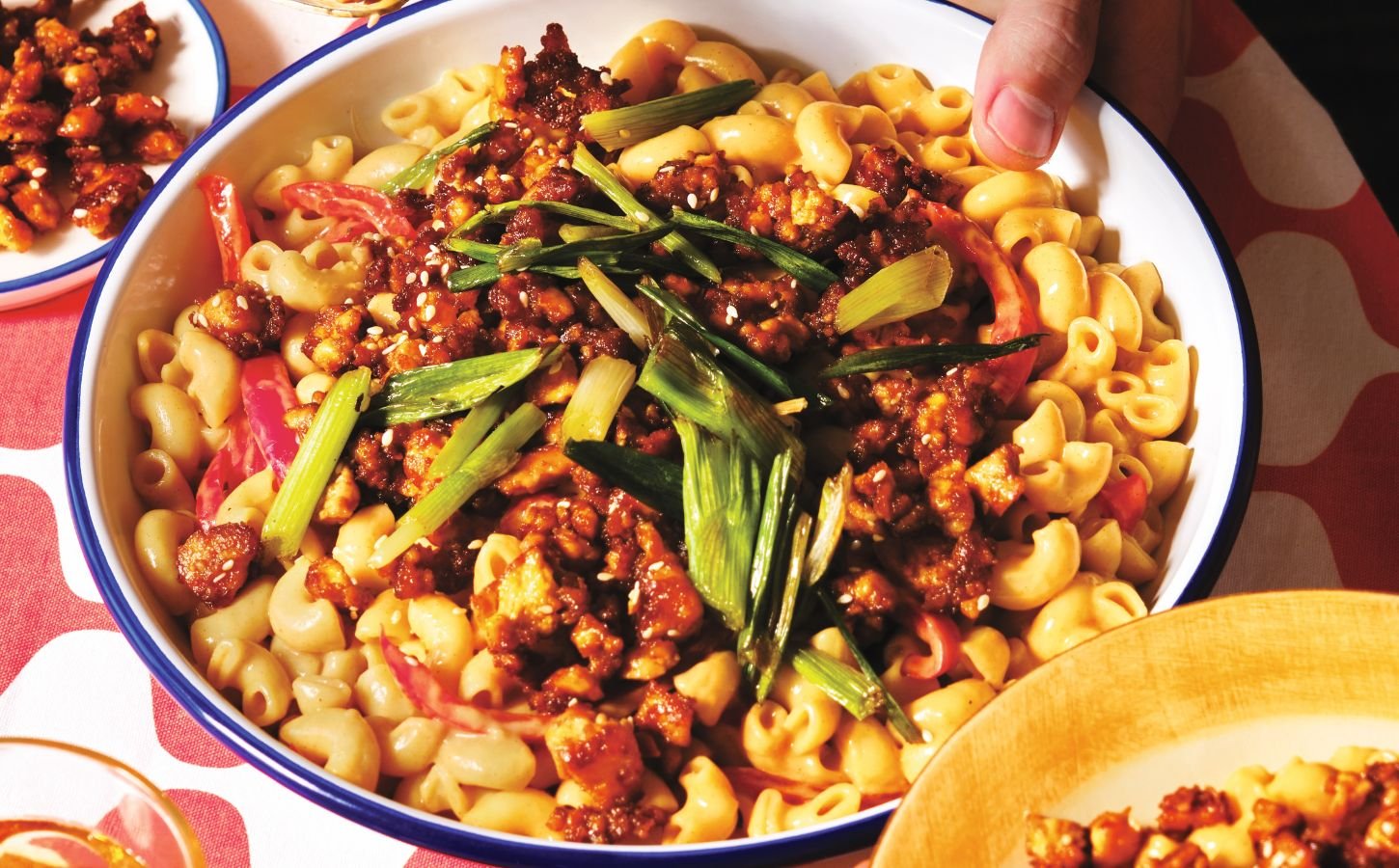 A large bowl of gochujang mac and cheese