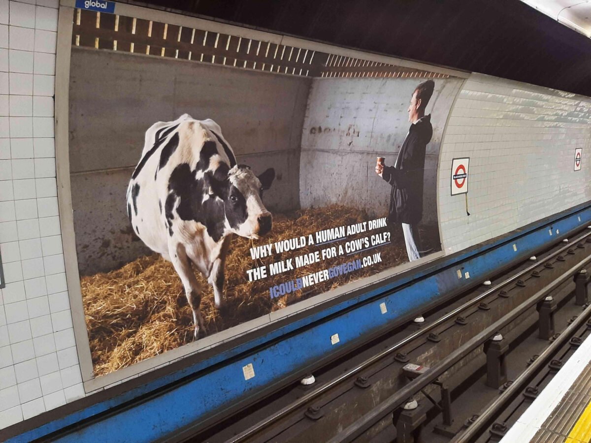 A poster for vegan documentary "I Could Never Go Vegan" on the London Underground