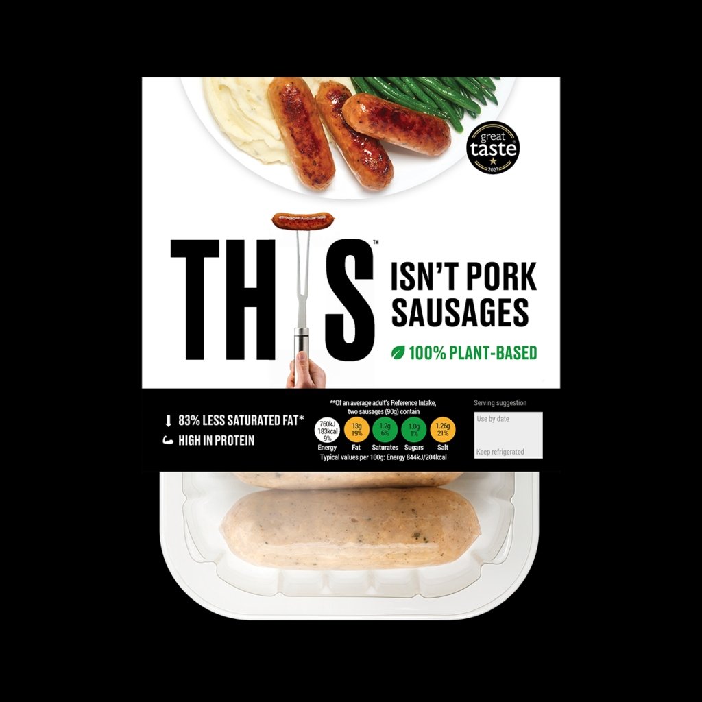 A packshot of vegan sausages from plant-based meat brand THIS