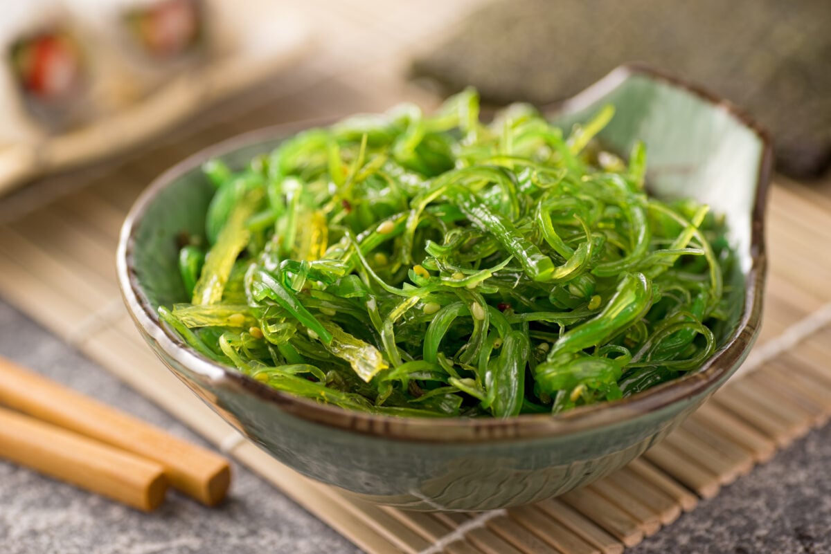 Photo shows a fresh seaweed salad made with kelp