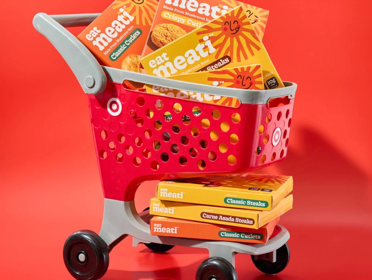 Photo shows some of the other Meati products in a small red Target shopping cart