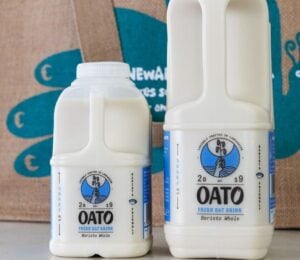 Two cartons of Oato, a fresh oat milk brand that has just launched at Sainsbury's