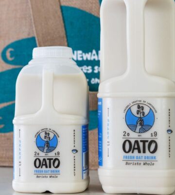 Two cartons of Oato, a fresh oat milk brand that has just launched at Sainsbury's