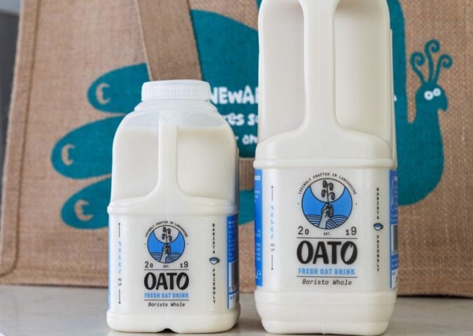 Two cartons of Oato, a fresh oat milk brand that has just launched at Sainsbury's