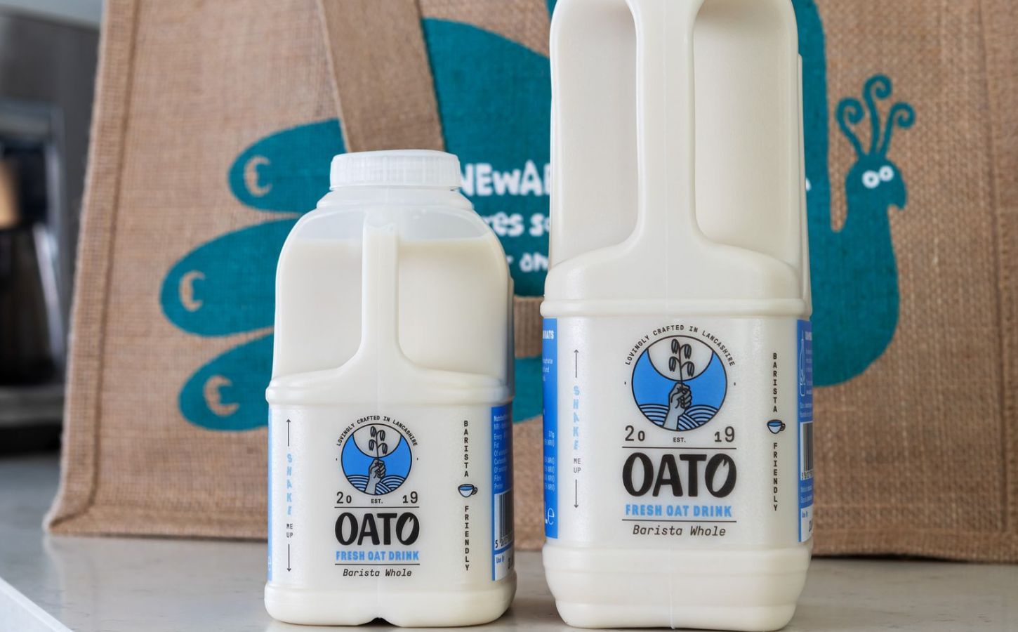 Two cartons of Oato, a fresh oat milk brand that has just launched at Sainsbury's