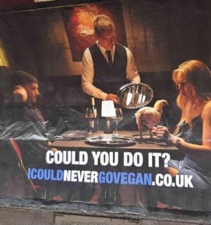 A poster for vegan documentary "I Could Never Go Vegan" on the London Underground