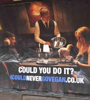A poster for vegan documentary "I Could Never Go Vegan" on the London Underground