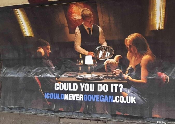 A poster for vegan documentary "I Could Never Go Vegan" on the London Underground