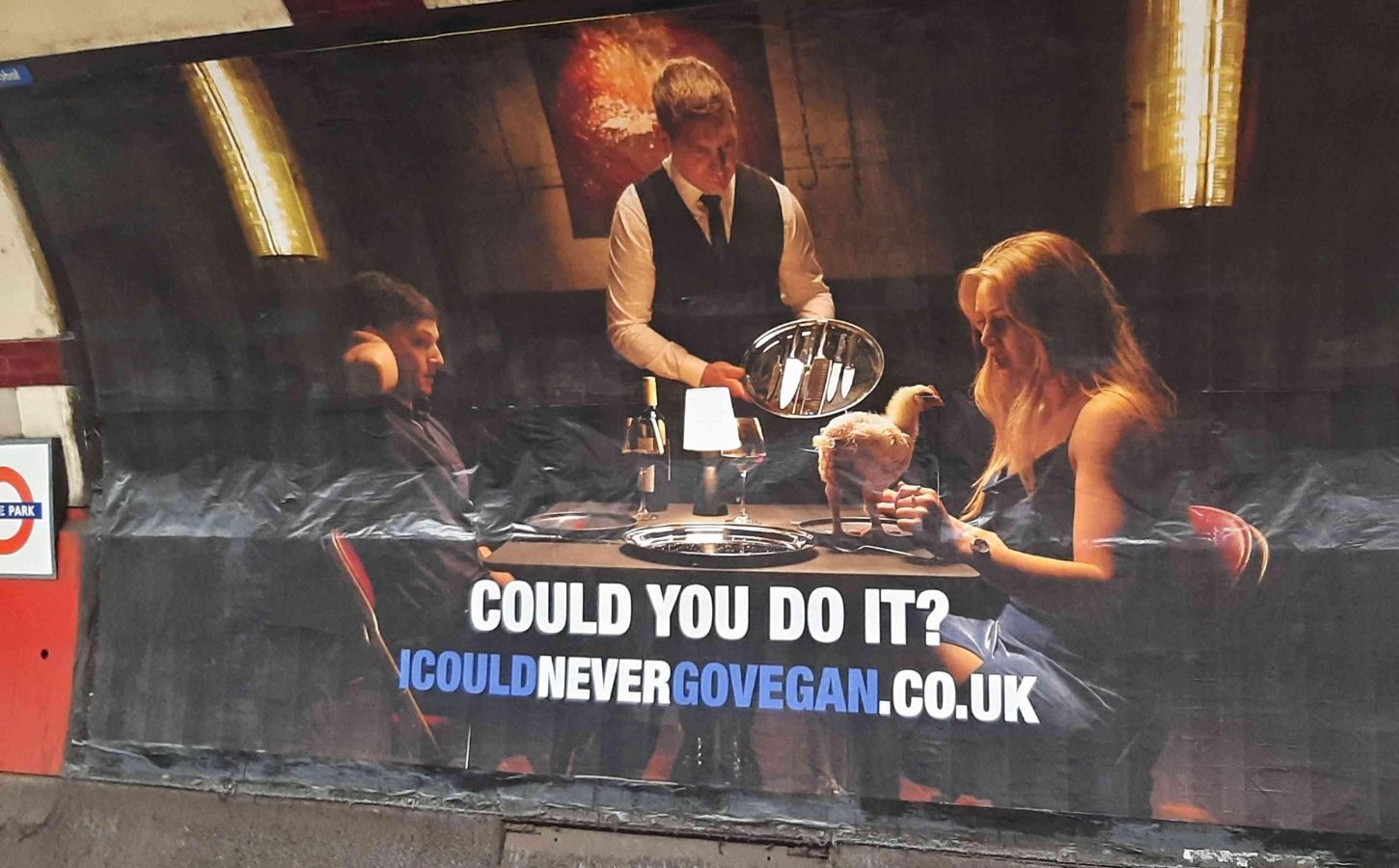 A poster for vegan documentary "I Could Never Go Vegan" on the London Underground