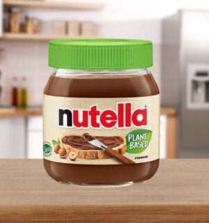 A tub of vegan Nutella on a kitchen surface