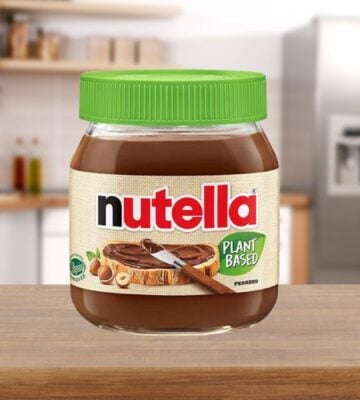 A tub of vegan Nutella on a kitchen surface