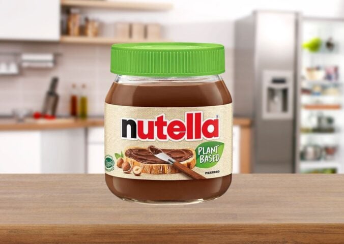 A tub of vegan Nutella on a kitchen surface