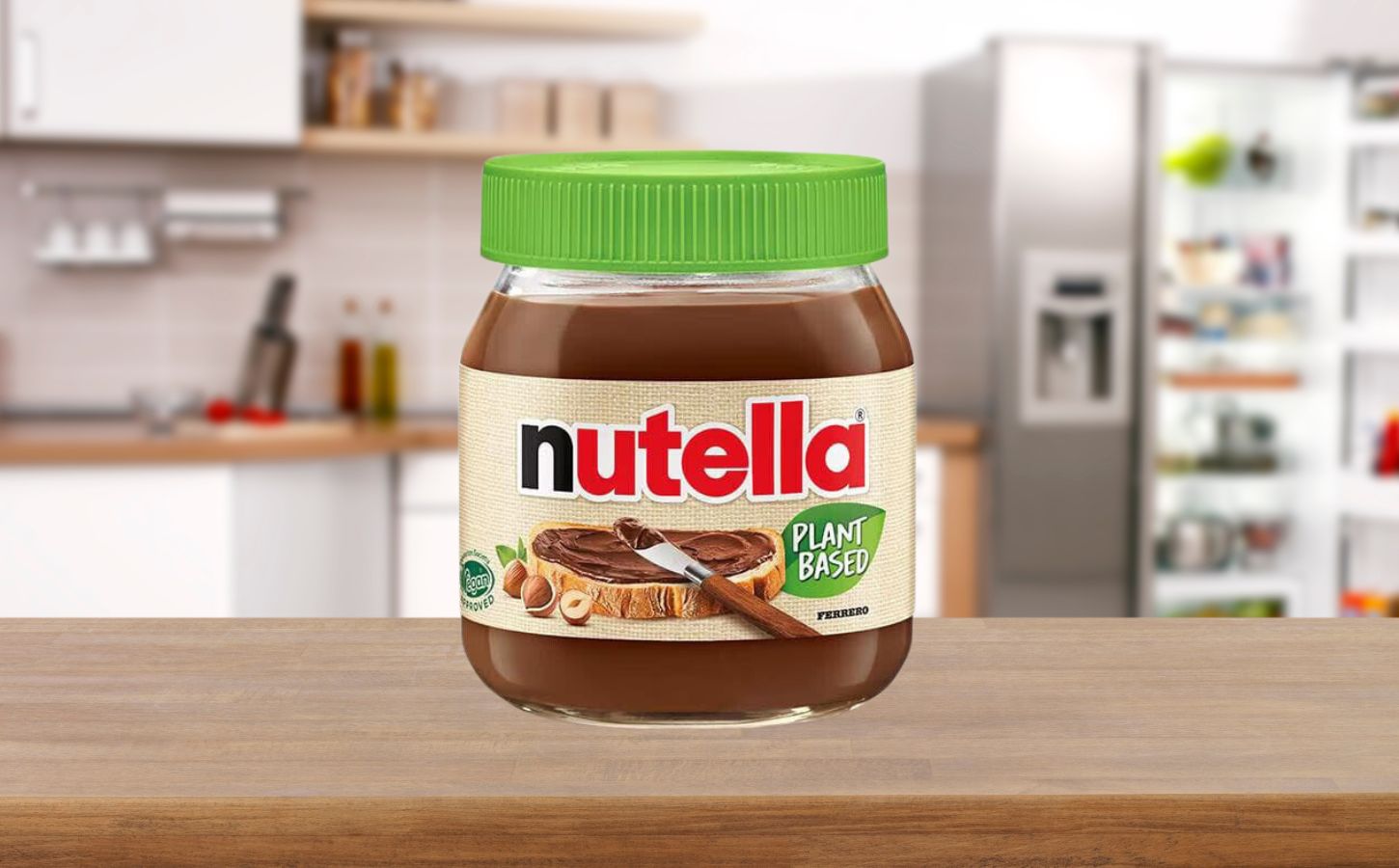 A tub of vegan Nutella on a kitchen surface